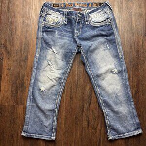 Rock Revival Capri Jeans Rhinestone Sequin Distressed Light Wash Women’s Size 28